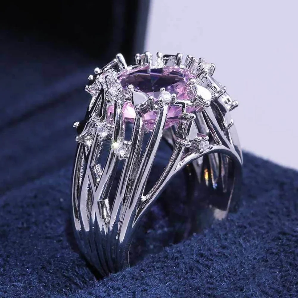 💞925 Silver Plated Hollow Pink Flower Engagement Ring, GPMB1546 - Picture 2 of 5